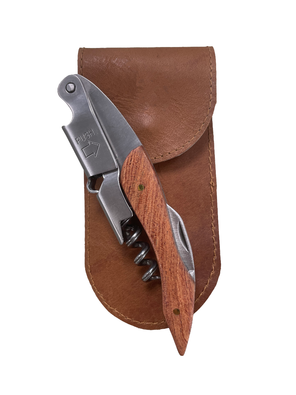 Luxe kurkentrekker met houten handvat en echt leren etui