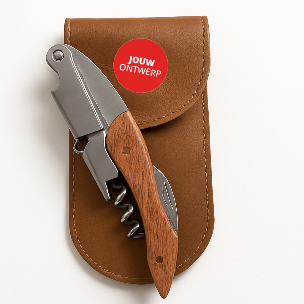Sommeliermes met leren etui close-up wijnaccessoire