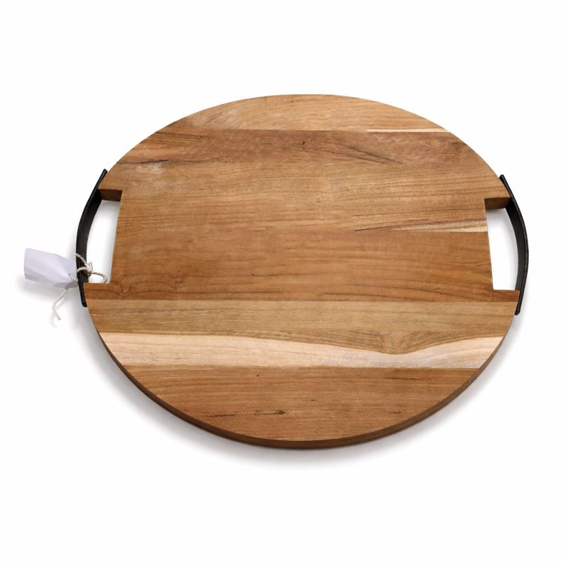Ronde borrelplank teakhout 40cm met metalen handvaten