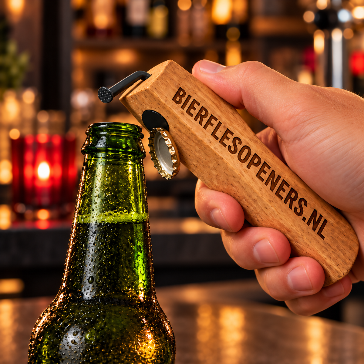 Houten bieropener met spijker in gebruik dopje aan magneet