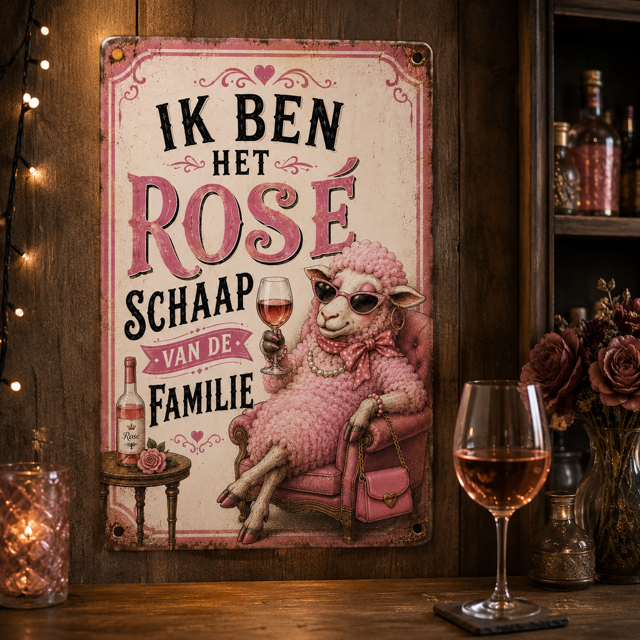 Sfeerfoto metalen bord 'Ik ben het rosé schaap van de familie' hangend aan houten muur, gedecoreerd met rozen en wijnglas