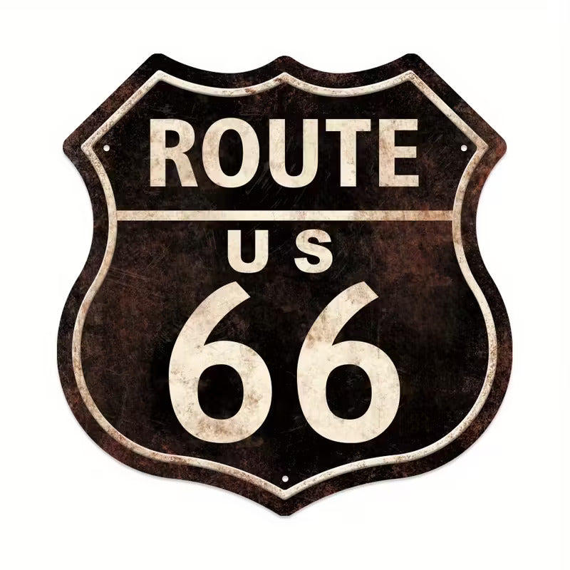 Mancave bord ‘Route 66’ – metalen wandbord 30 × 30 cm