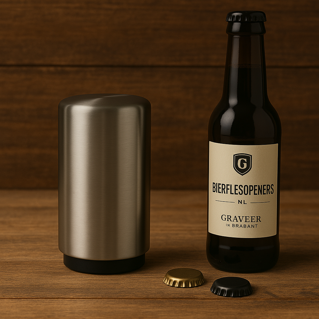 Detail gravure mechanische bierflesopener zilver rvs