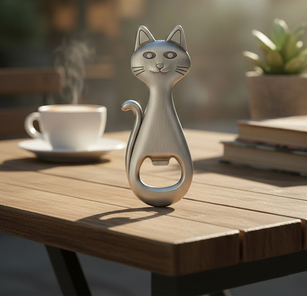 Zilverkleurige metalen flesopener in de vorm van een kat op een houten tafel in een zonnige setting met een kop koffie op de achtergrond