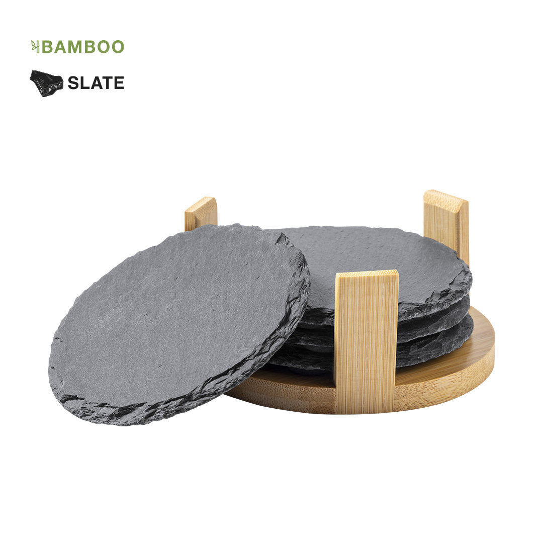Leisteen onderzetters – set van 4 – met bamboe houder