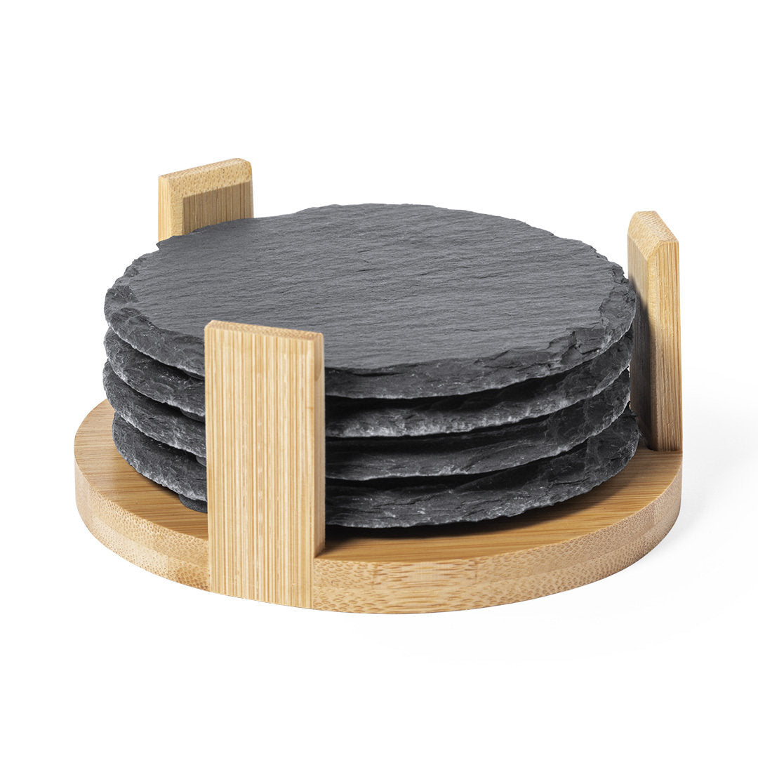 Leisteen onderzetters – set van 4 – met bamboe houder