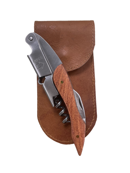 Luxe kurkentrekker met houten handvat en echt leren etui