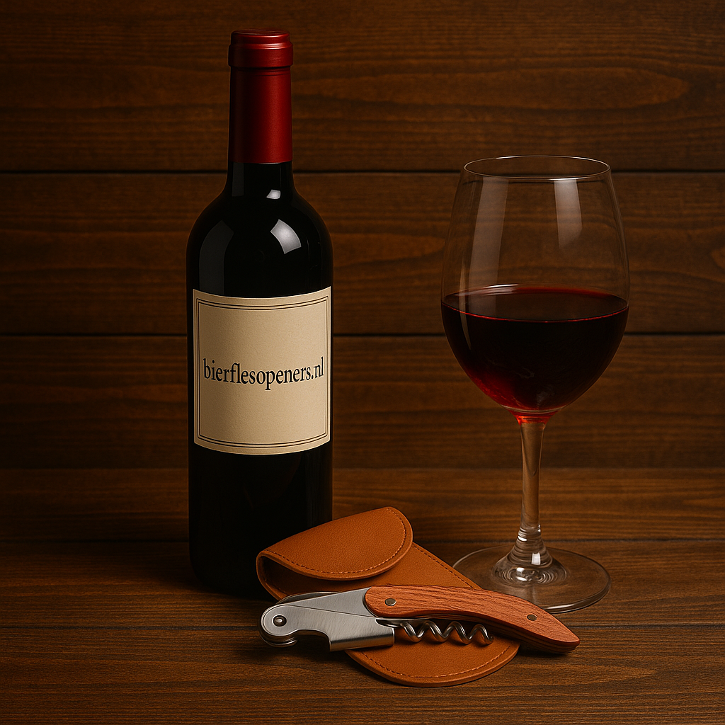 Kurkentrekker hout met gravering in leren etui