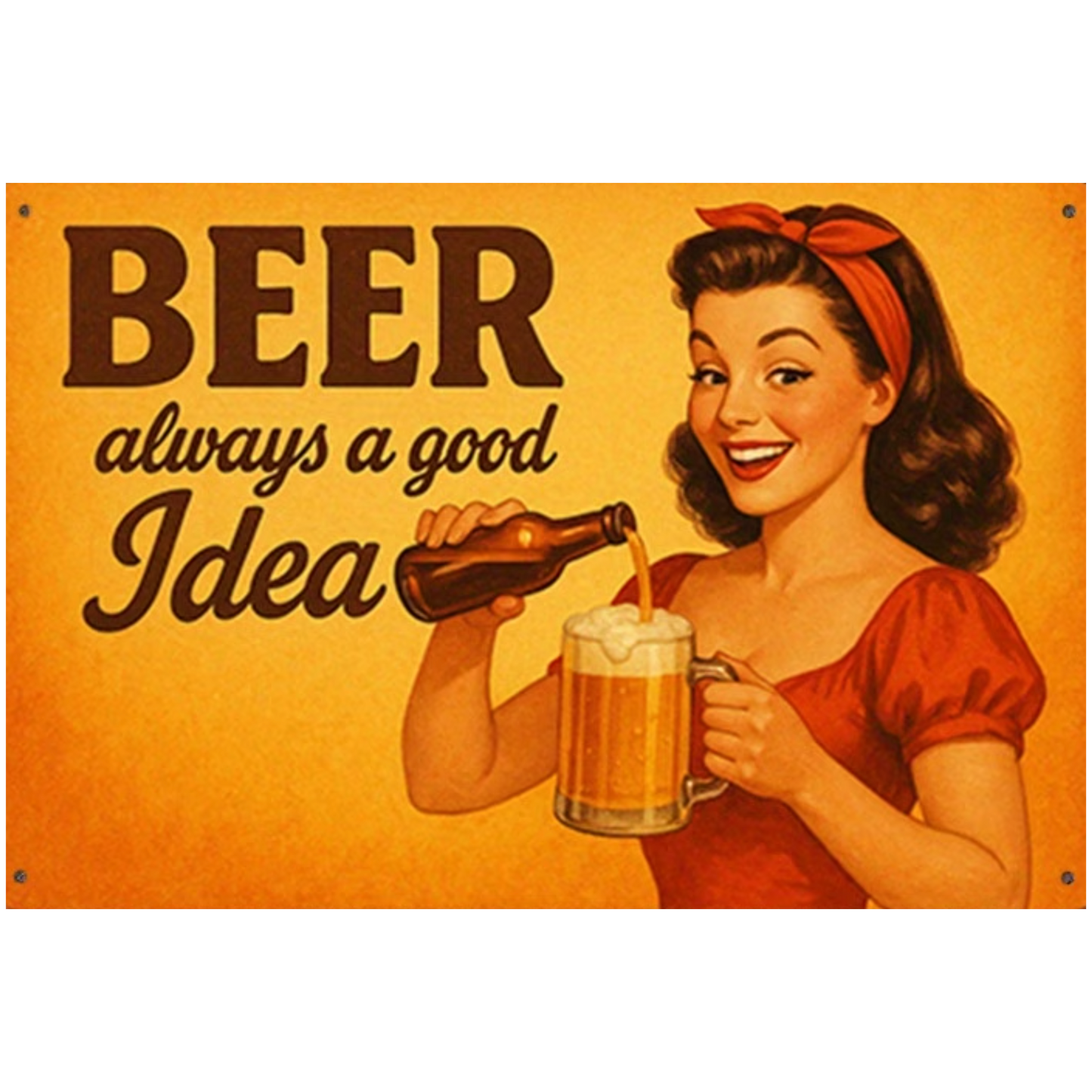 Retro metalen wandbord Beer Always a Good Idea met vintage pin-up vrouw die bier inschenkt, ideale decoratie voor mancave, bar of café