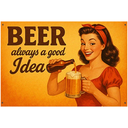 Retro metalen wandbord Beer Always a Good Idea met vintage pin-up vrouw die bier inschenkt, ideale decoratie voor mancave, bar of café