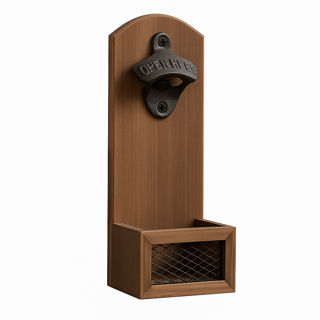 Wandflesopener met opvangbak voor dopjes aan de muur