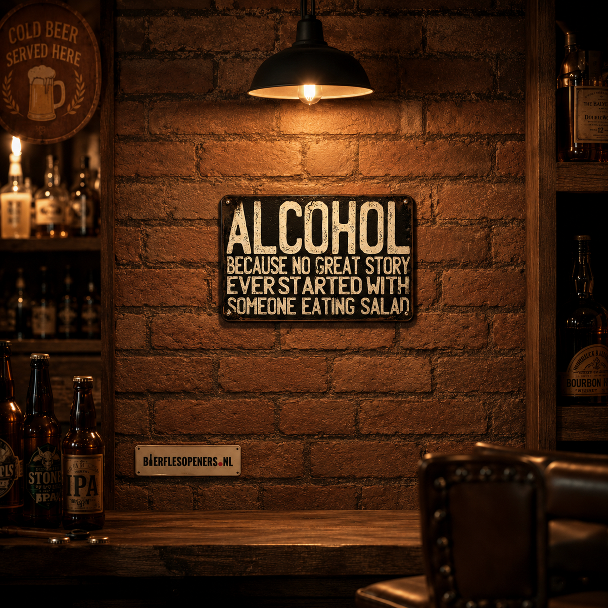 Metalen mancave bord 30x20cm – vintage retro stijl – tekst: Alcohol because no great story ever started with someone eating salad