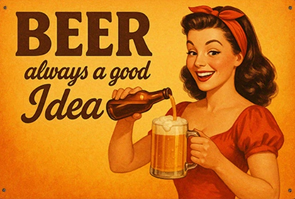 Retro metalen wandbord Beer Always a Good Idea met vintage pin-up vrouw die bier inschenkt, ideale decoratie voor mancave, bar of café