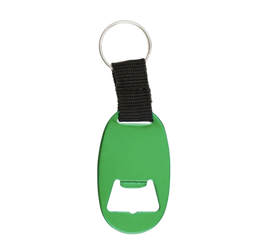 Groene sleutelhanger bieropener met zwarte band en sleutelring