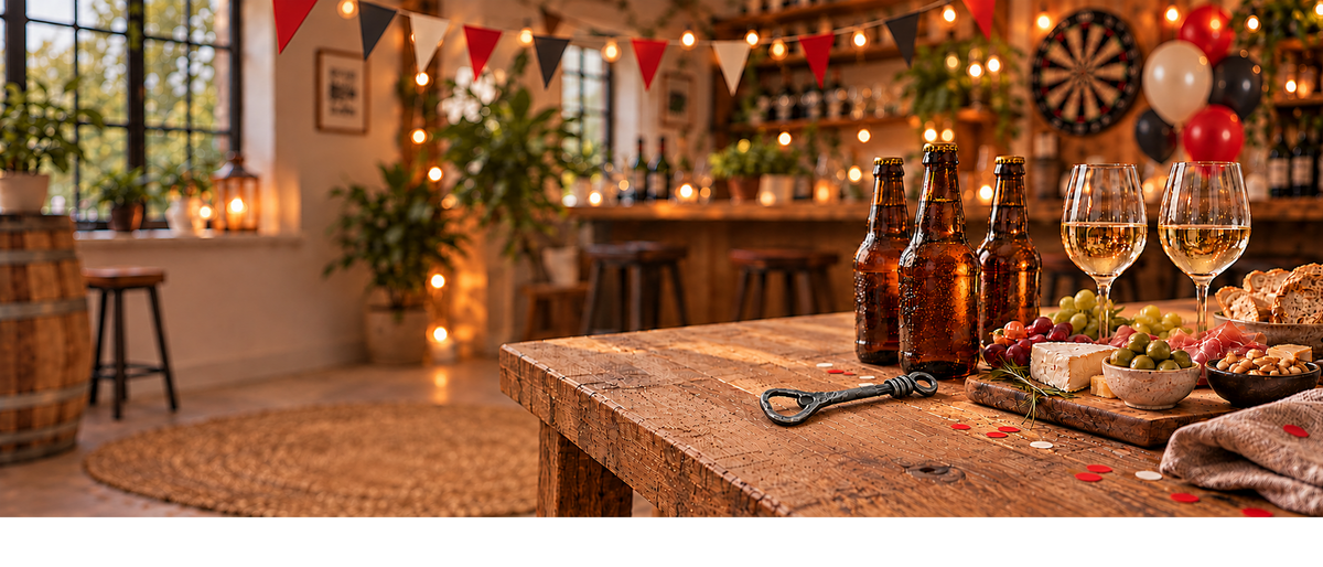 Bieropener op een houten tafel met bierflessen, wijnglazen en borrelhapjes tijdens een sfeervol feest.