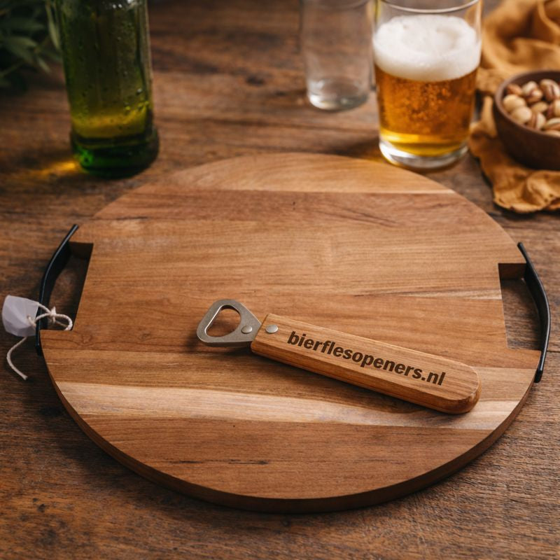 Luxe ronde borrelplank teakhout 40cm met opener