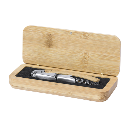 Kurkentrekker met houten handgreep in luxe bamboe geschenkdoos