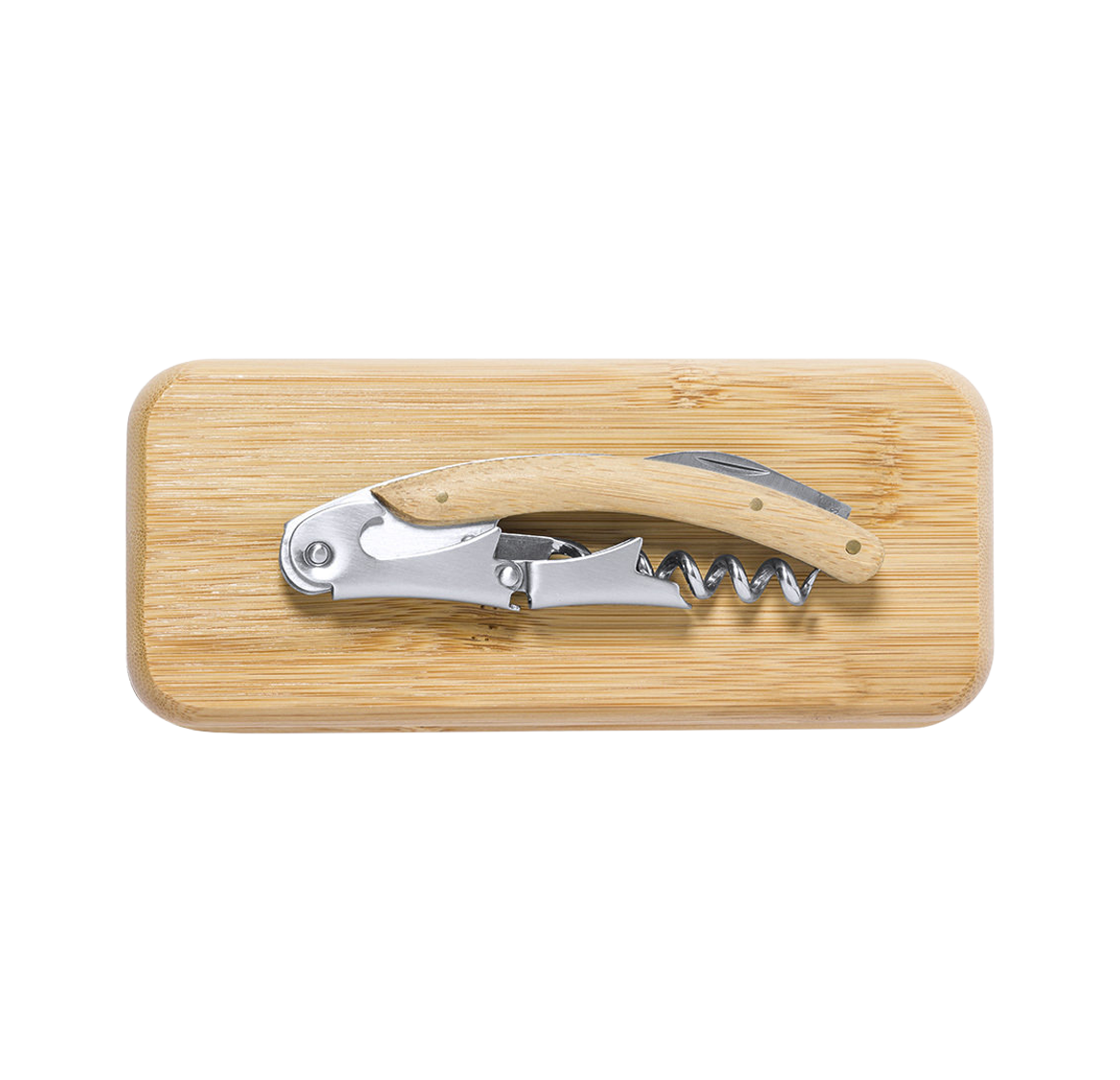 Bamboe geschenkdoos met kurkentrekker, geschikt voor persoonlijke gravering met naam of logo