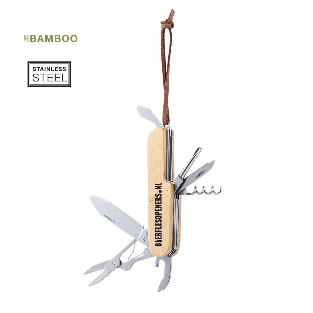 Bamboe multitool zakmes van Bierflesopeners.nl met kurkentrekker, mes, schaar, schroevendraaier en leren koord – bamboe en RVS