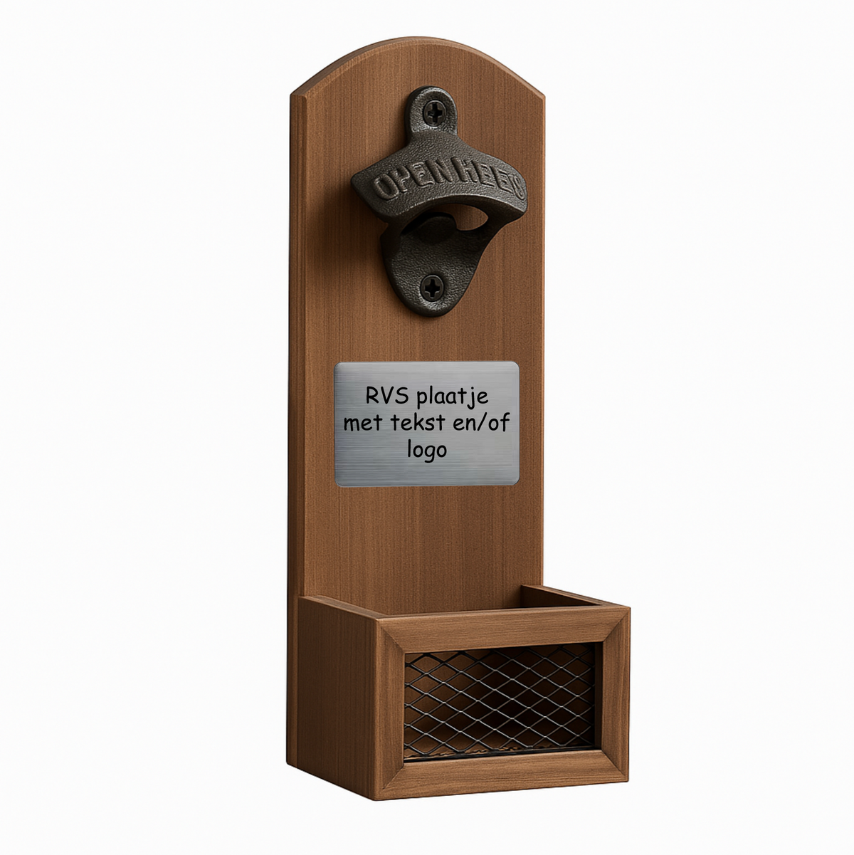 Houten wandbieropener met opvangbak