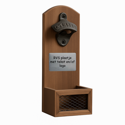 Houten wandbieropener met opvangbak