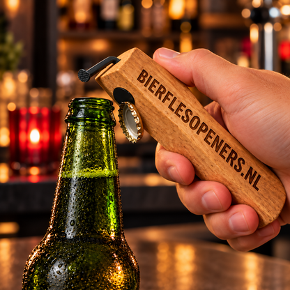 Houten bieropener met spijker in gebruik dopje aan magneet