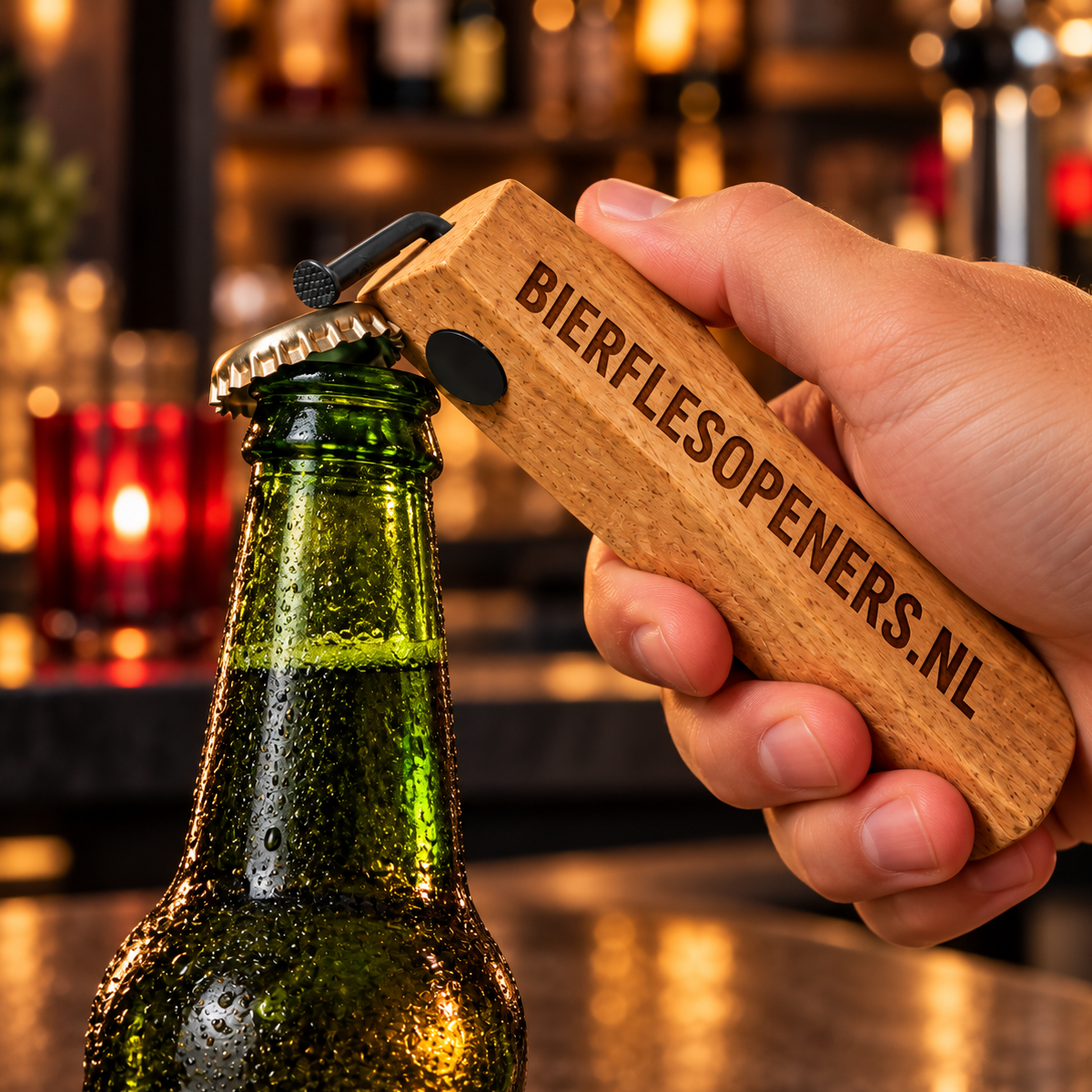 Houten bieropener met spijker in gebruik