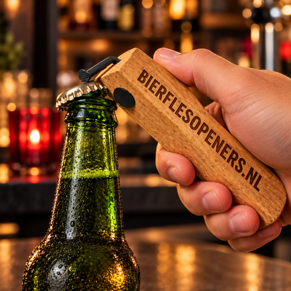Houten bieropener met spijker in gebruik