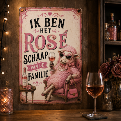 Sfeerfoto metalen bord 'Ik ben het rosé schaap van de familie' hangend aan houten muur, gedecoreerd met rozen en wijnglas