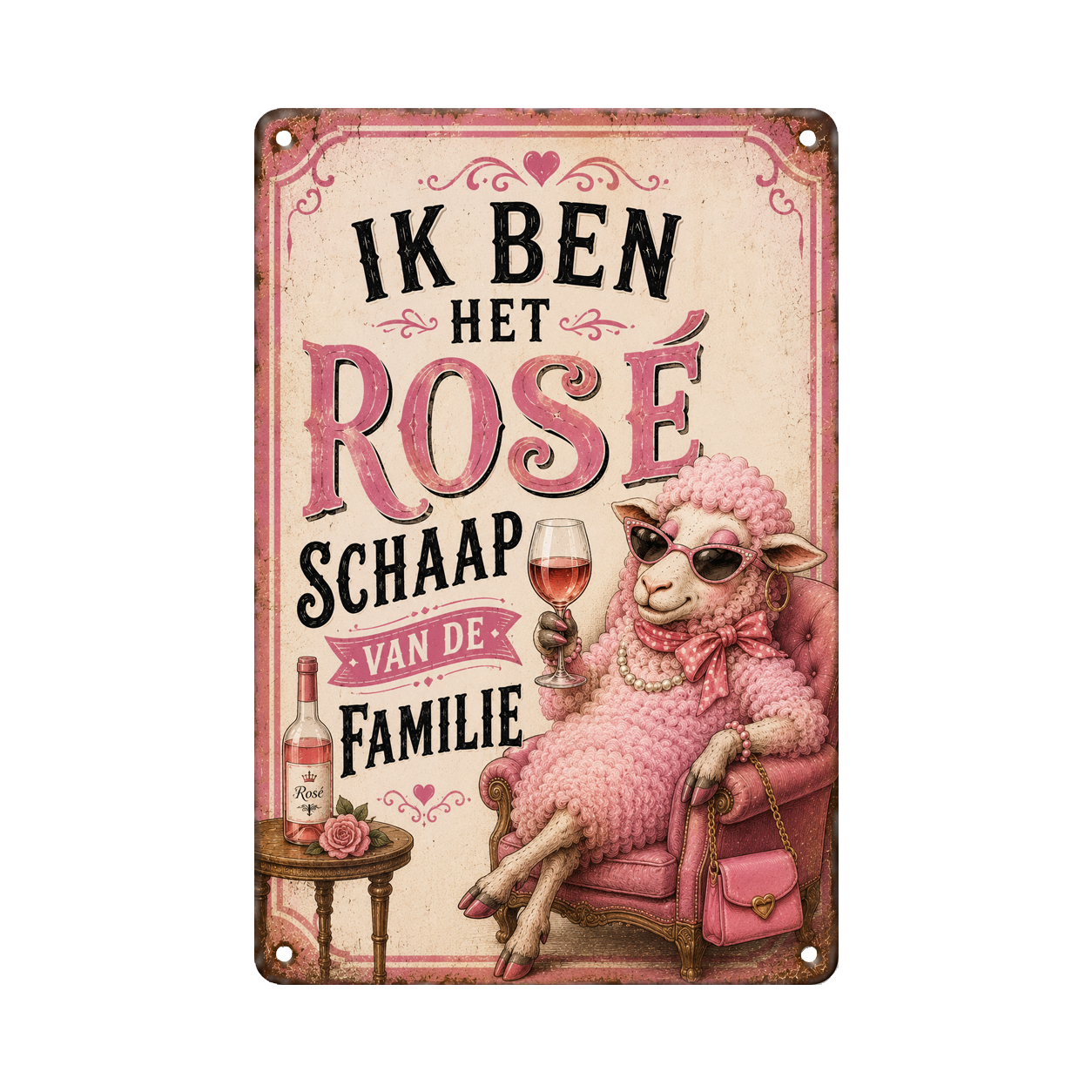 Metalen wandbord 'Ik ben het rosé schaap van de familie' – vintage roze bord met grappig schaap, zonnebril en wijnglas, 20x30 cm