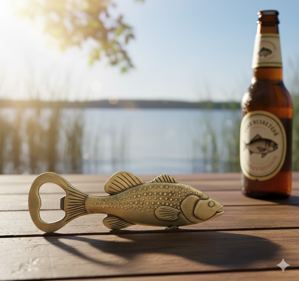 Stoere vis-flesopener liggend op een houten tafel aan een meer met een koud flesje bier op de achtergrond.
